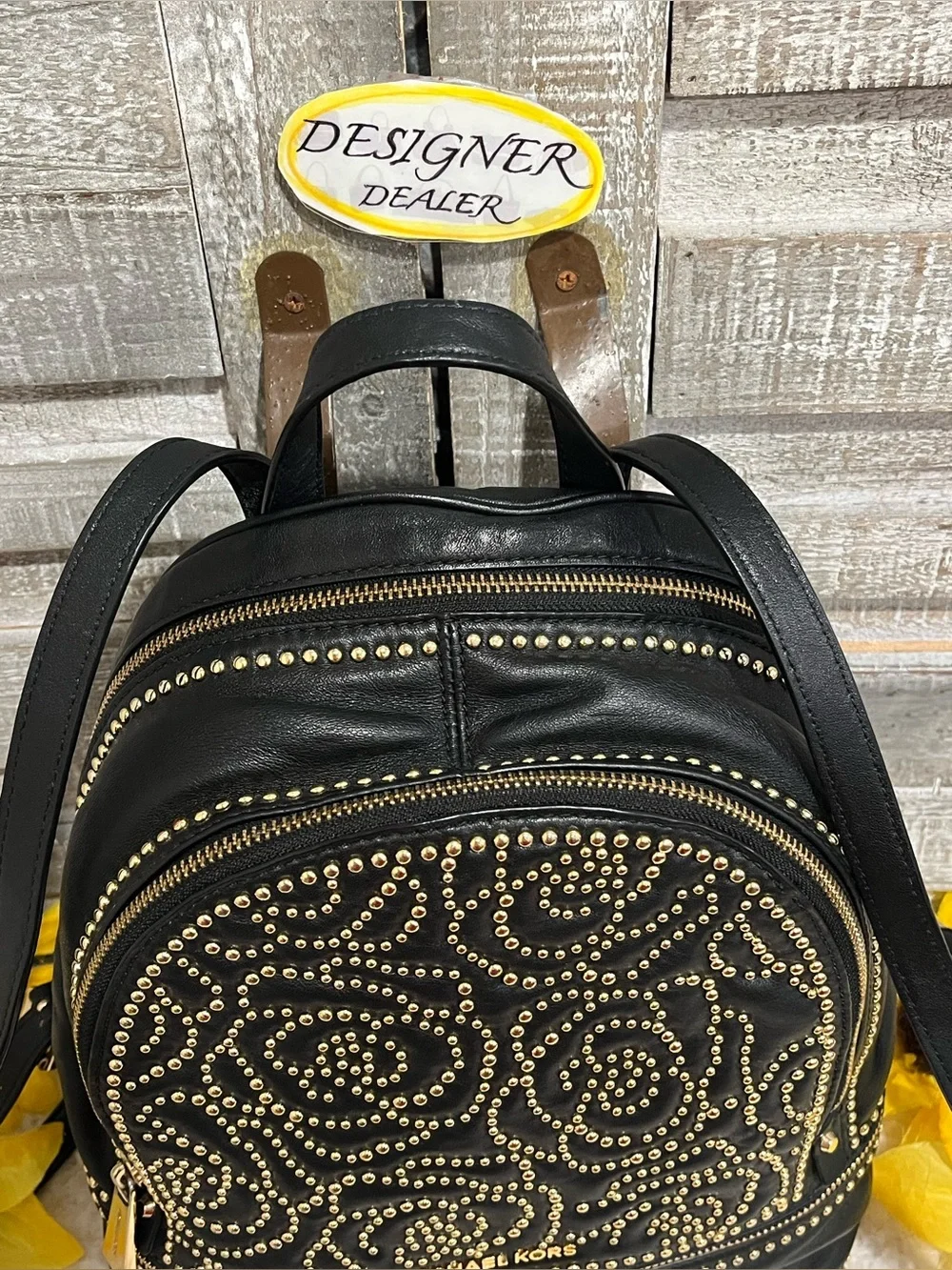 Michael Kors Rhea Rose Studded Black Leather Backpack VGC!